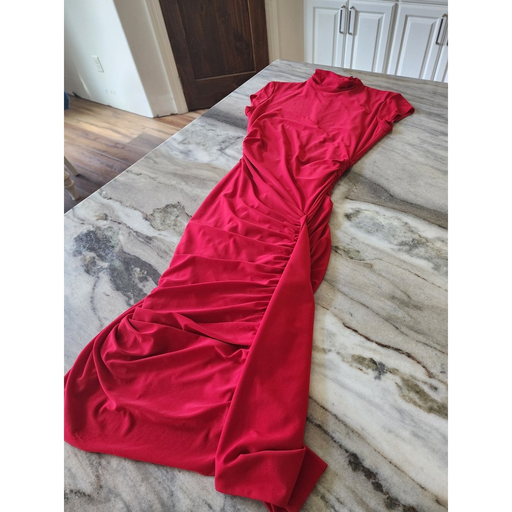 VTG Y2K Cache Womens Red Ruched Bodycon Midi Dress High Neck Cap Sleeve Size 2